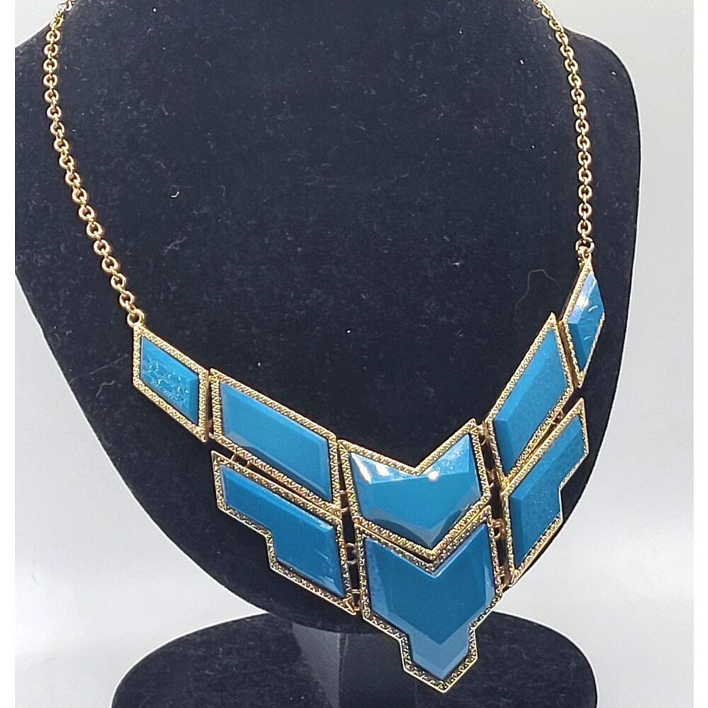 Teal Blue Geometric Bib Statement Necklace Gold Tone 17" *